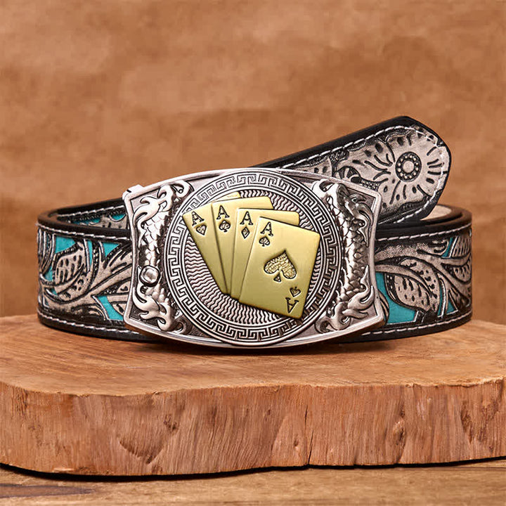 Ceinture en cuir pour homme avec couteau pliant caché et poker doré - Poker d'or - Ceinture fleurie grise - 42 - image 12