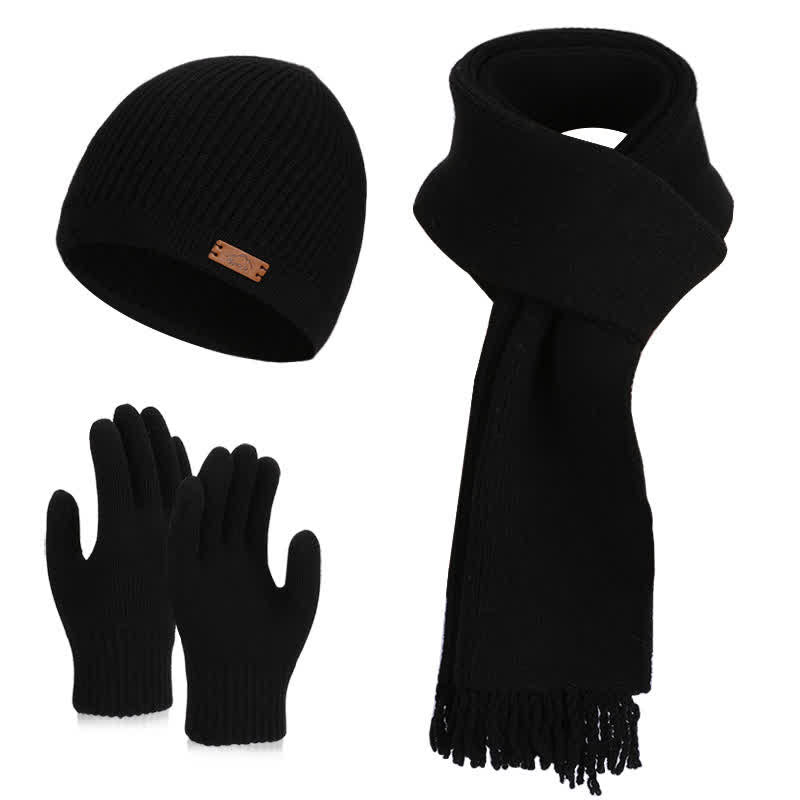 Ensemble de 3 bonnets, écharpes et gants tricotés de couleur unie - Noir - Réglable (21 5/8"-23 5/8") - image 18