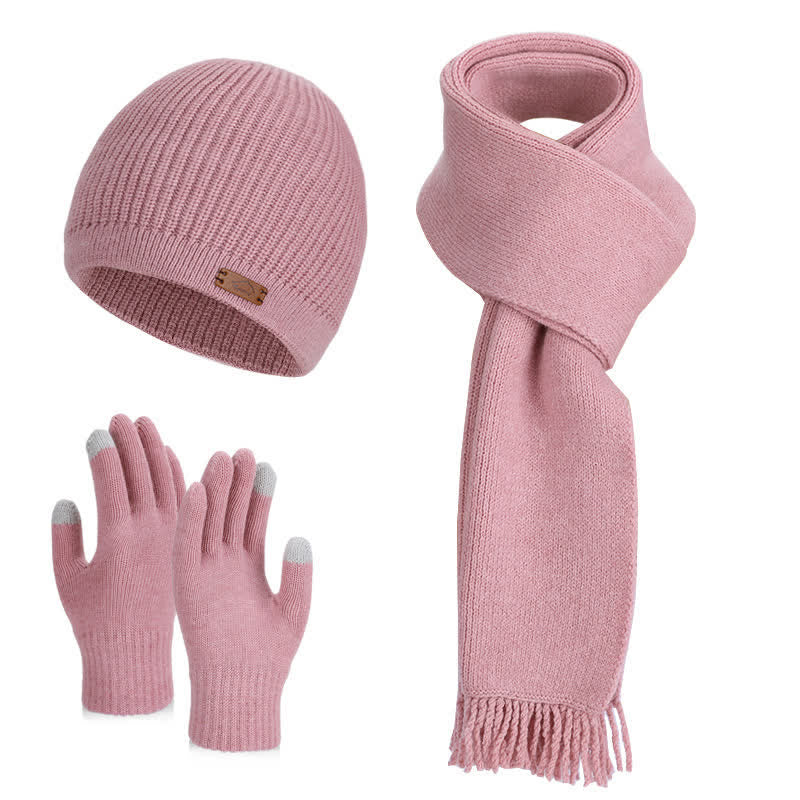 Ensemble de 3 bonnets, écharpes et gants tricotés de couleur unie - Rose - Réglable (21 5/8"-23 5/8") - image 9