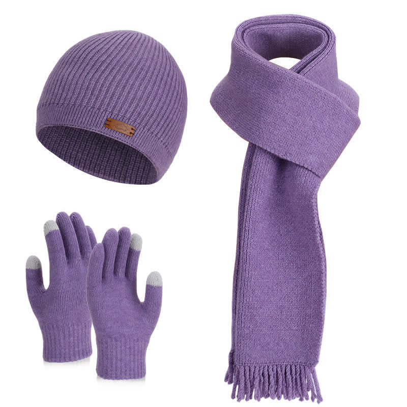 Ensemble de 3 bonnets, écharpes et gants tricotés de couleur unie - Violet - Réglable (21 5/8"-23 5/8") - image 13