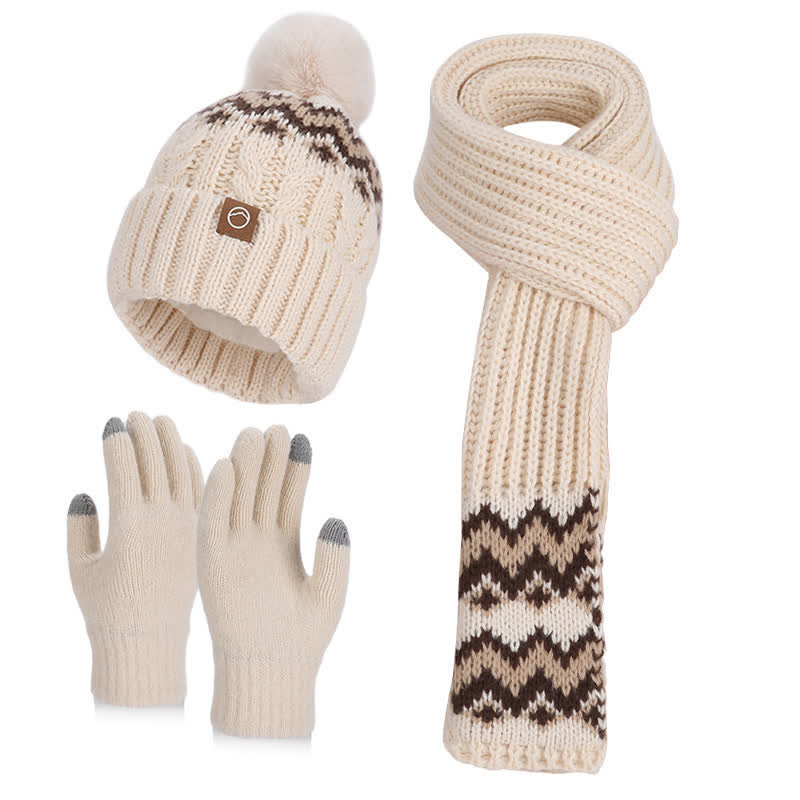 Ensemble de 3 pièces à pompons : bonnet, écharpe et gants à motif vague charmant - Beige - Réglable (21 5/8"-23 5/8") - image 0