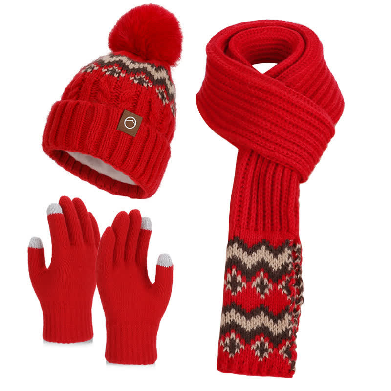 Ensemble de 3 pièces à pompons : bonnet, écharpe et gants à motif vague charmant - Rouge - Réglable (21 5/8"-23 5/8") - image 7