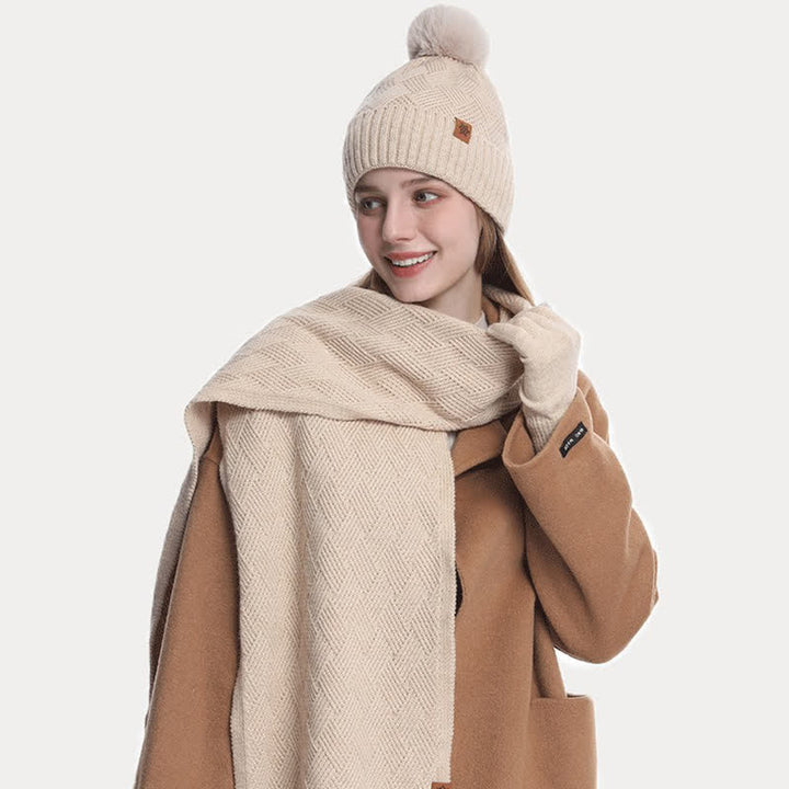 Ensemble de 3 bonnets, écharpes et gants à pompons de couleur unie - image 1