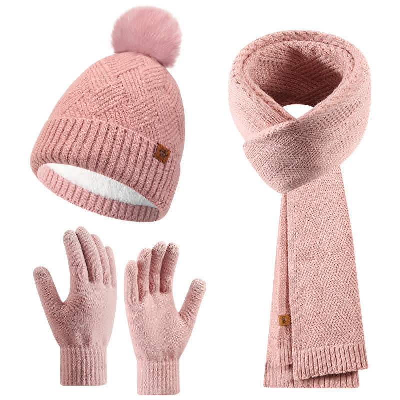 Ensemble de 3 bonnets, écharpes et gants à pompons de couleur unie - Rose - Réglable (21 1/4"-22 7/8") - image 5