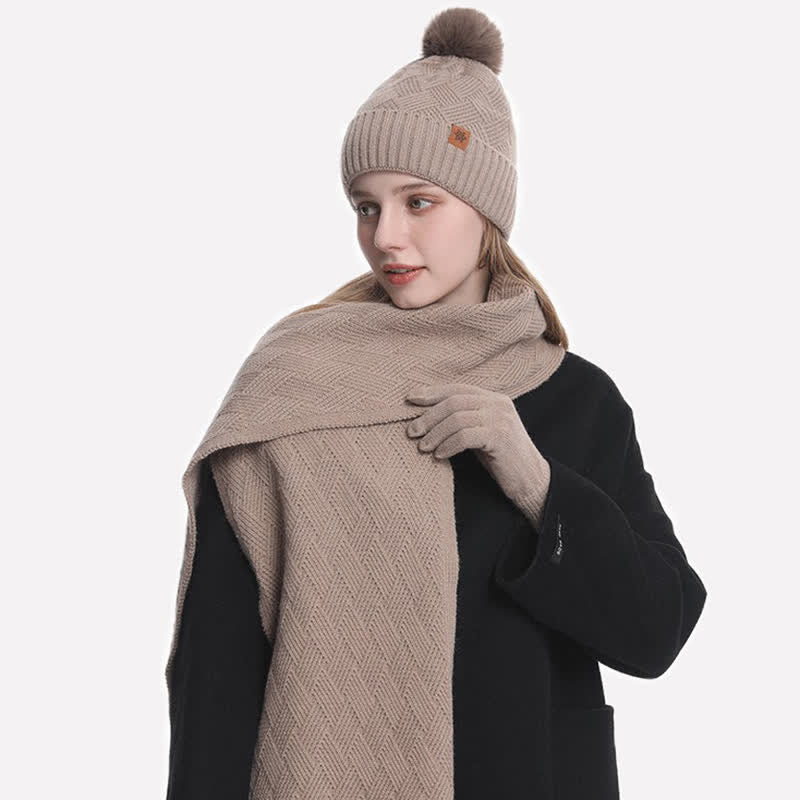 Ensemble de 3 bonnets, écharpes et gants à pompons de couleur unie - image 12