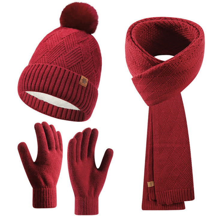 Ensemble de 3 bonnets, écharpes et gants à pompons de couleur unie - Rouge - Réglable (21 1/4"-22 7/8") - image 9