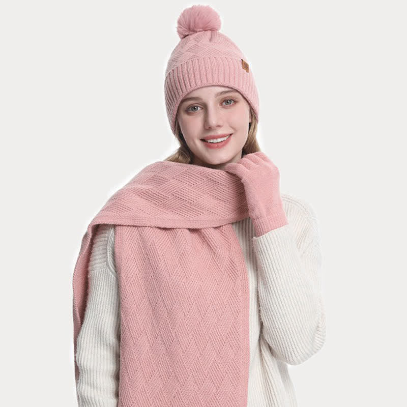 Ensemble de 3 bonnets, écharpes et gants à pompons de couleur unie - image 6