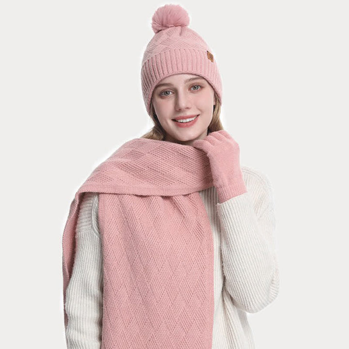 Ensemble de 3 bonnets, écharpes et gants à pompons de couleur unie - image 6