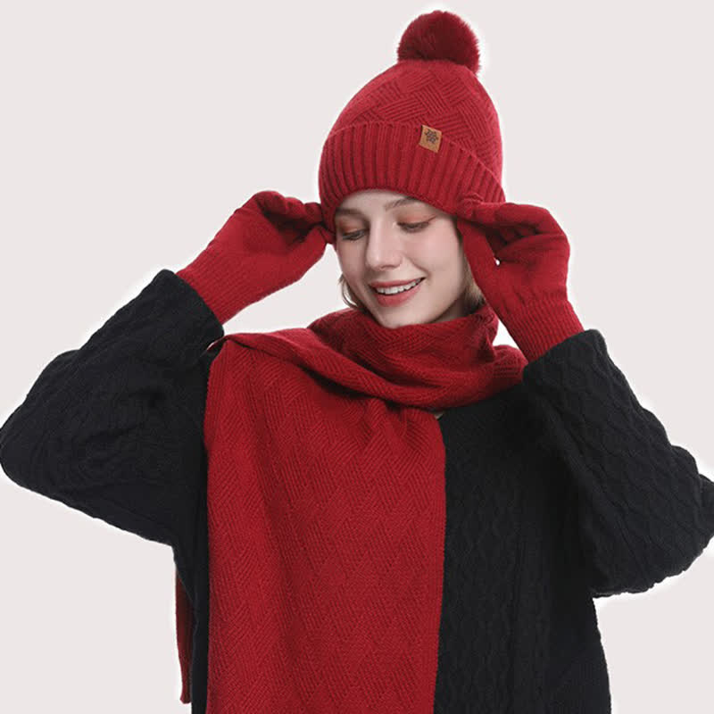 Ensemble de 3 bonnets, écharpes et gants à pompons de couleur unie - image 10