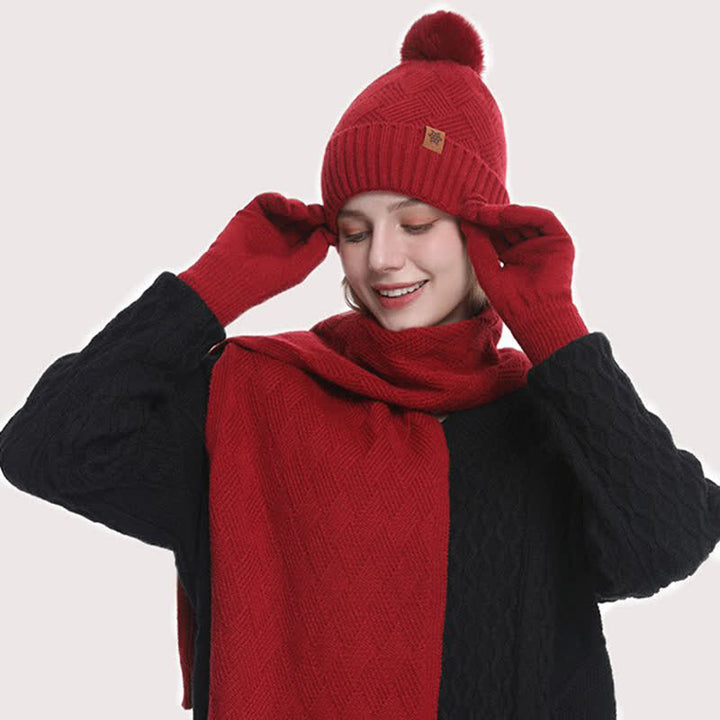 Ensemble de 3 bonnets, écharpes et gants à pompons de couleur unie - image 10