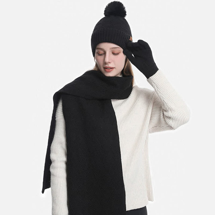 Ensemble de 3 bonnets, écharpes et gants à pompons de couleur unie - image 8