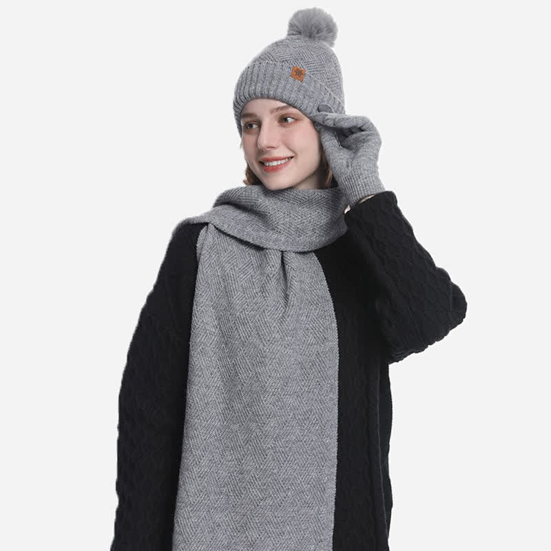 Ensemble de 3 bonnets, écharpes et gants à pompons de couleur unie - image 14