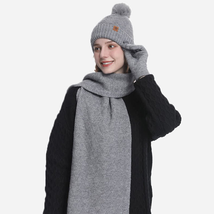 Ensemble de 3 bonnets, écharpes et gants à pompons de couleur unie - image 14