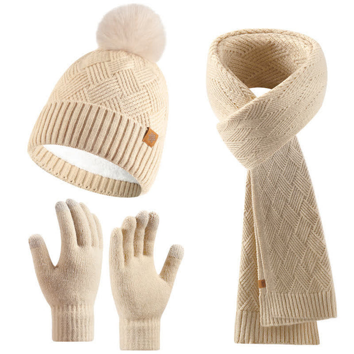Ensemble de 3 bonnets, écharpes et gants à pompons de couleur unie - Beige - Réglable (21 1/4"-22 7/8") - image 0