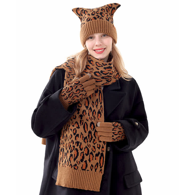 Ensemble de 3 pièces avec bonnet, écharpe et gants à imprimé léopard et oreilles de chat - image 1