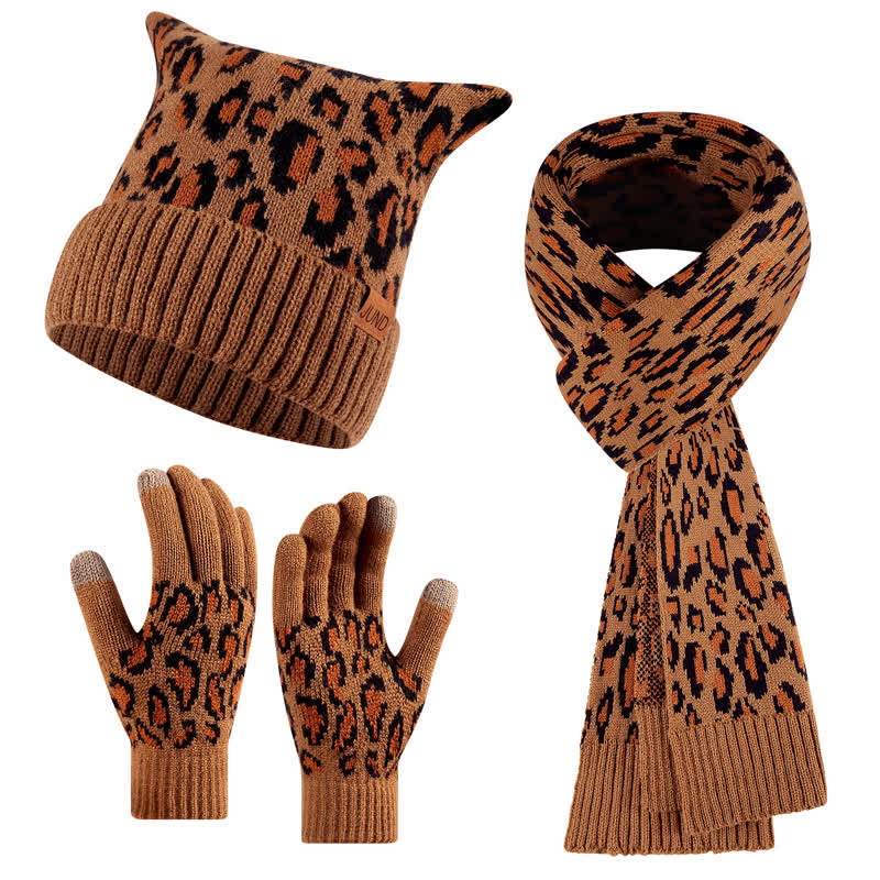 Ensemble de 3 pièces avec bonnet, écharpe et gants à imprimé léopard et oreilles de chat - Café - Réglable (21 1/4"-22 7/8") - image 0