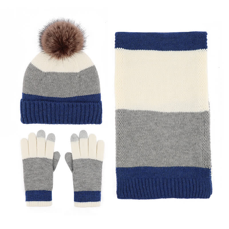 Ensemble de 3 pièces de bonnet, écharpe et gants chauds à trois blocs de couleurs - image 3
