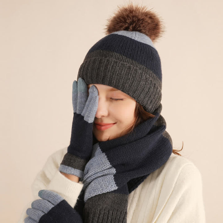 Ensemble de 3 pièces de bonnet, écharpe et gants chauds à trois blocs de couleurs - image 11