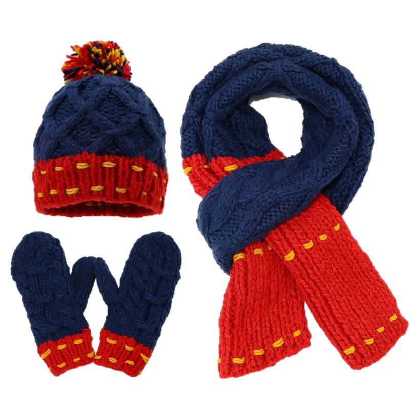 Ensemble de 3 pièces de bonnet, écharpe et gants à blocs de couleurs tendance - Bleu et rouge - Réglable (21 1/4"-22 7/8") - image 0
