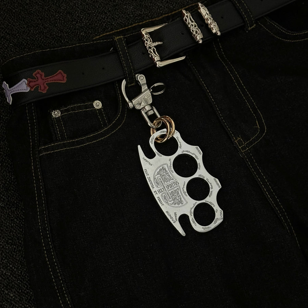 Porte-clés double anneau en argent pour autodéfense - image 1