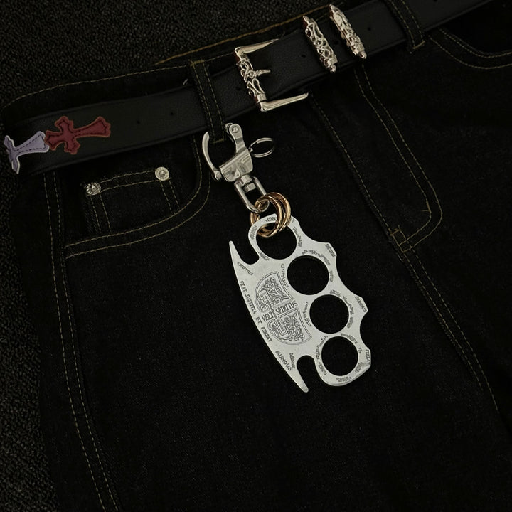 Porte-clés double anneau en argent pour autodéfense - image 1