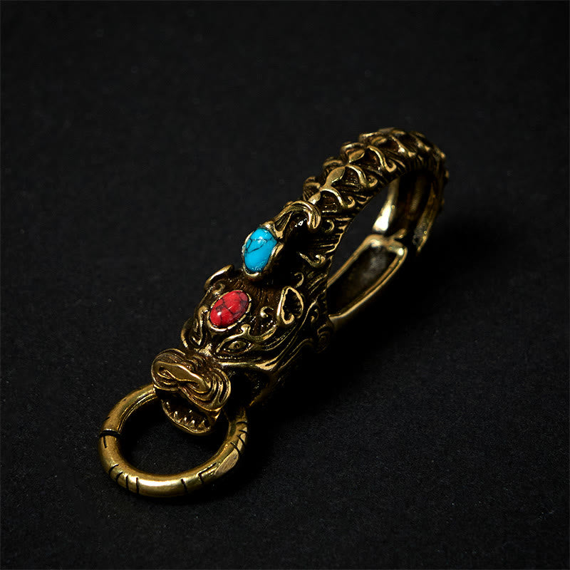 Porte-clés en laiton à mousqueton en forme de tête de dragon complexe - Laiton antique - image 0