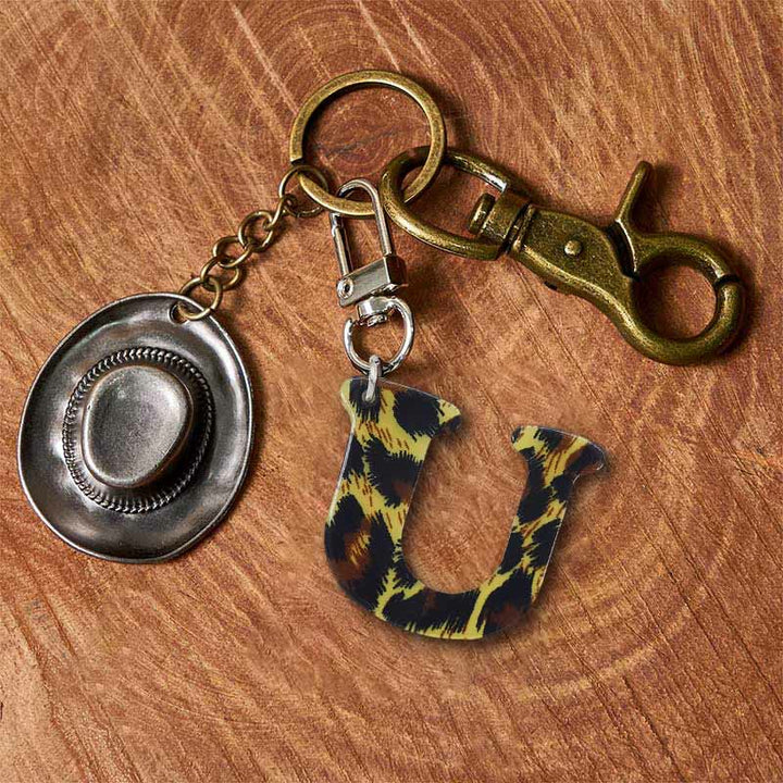 Porte-clés pendentif lettre imprimé léopard et chapeau de cowboy - Porte-clés en laiton + chapeau en argent - Tu - image 28