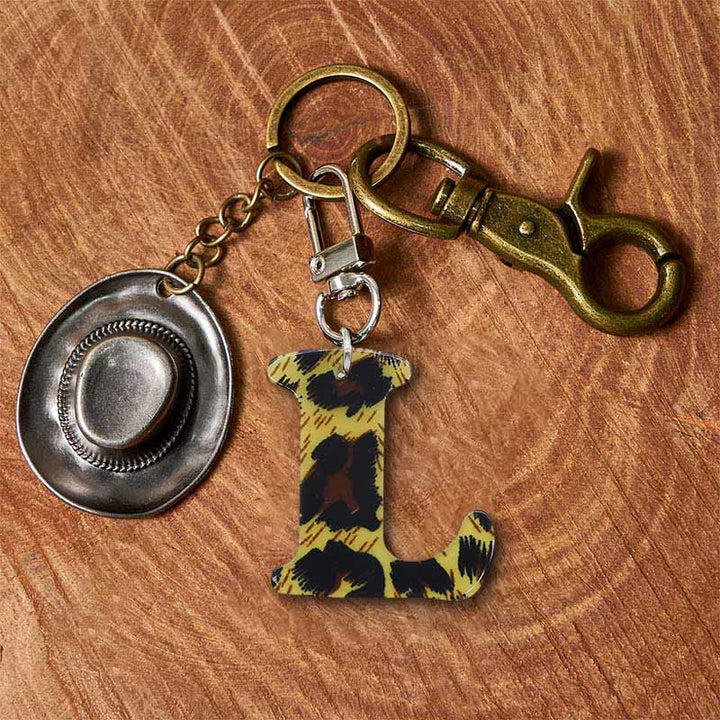 Porte-clés pendentif lettre imprimé léopard et chapeau de cowboy - Porte-clés en laiton + chapeau en argent - L - image 19