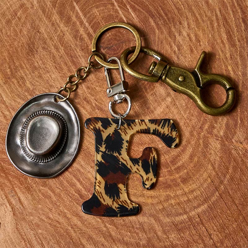 Porte-clés pendentif lettre imprimé léopard et chapeau de cowboy - Porte-clés en laiton + chapeau en argent - F - image 13