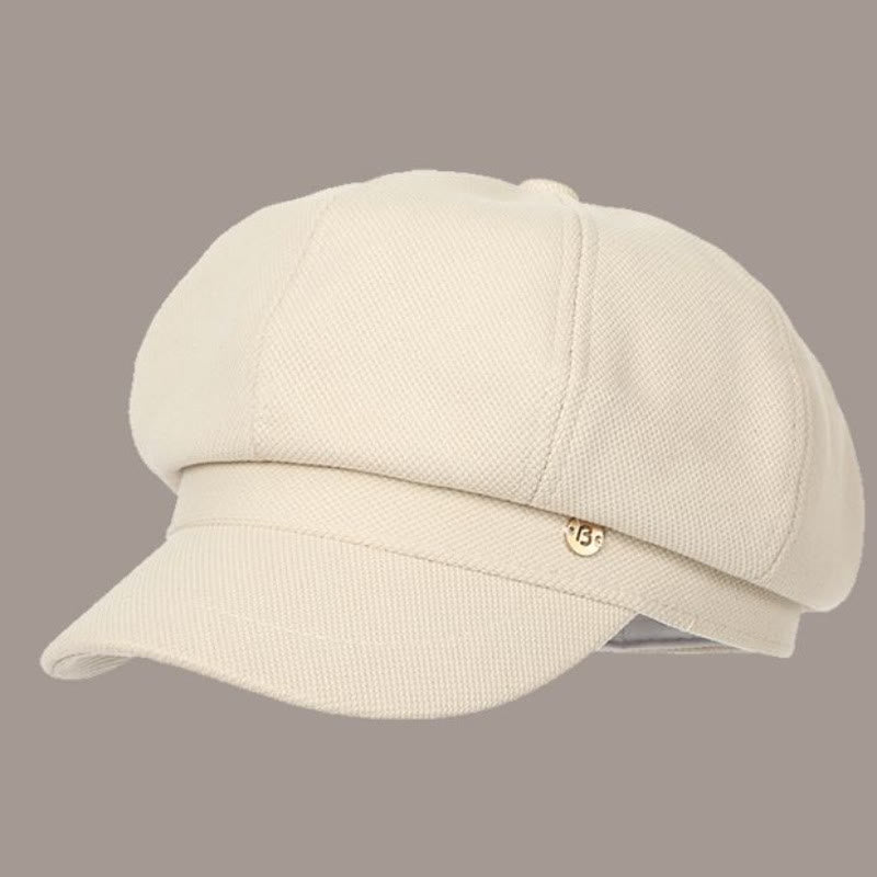 Béret rétro d'hiver pour femme, couleur unie, avec logo rond - Beige - Réglable (environ 21 5/8" à 23 5/8") - image 0
