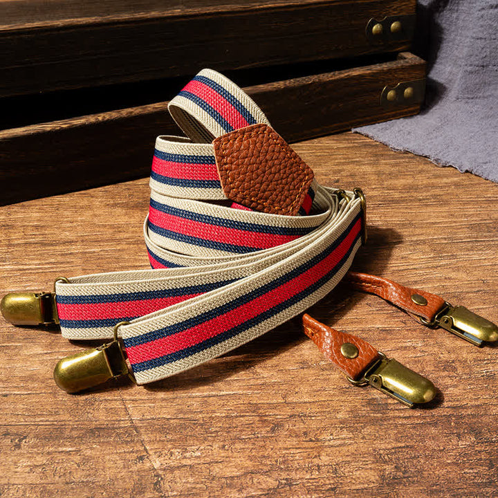 Bretelles élastiques rayées rouges et beiges en forme de Y - image 2