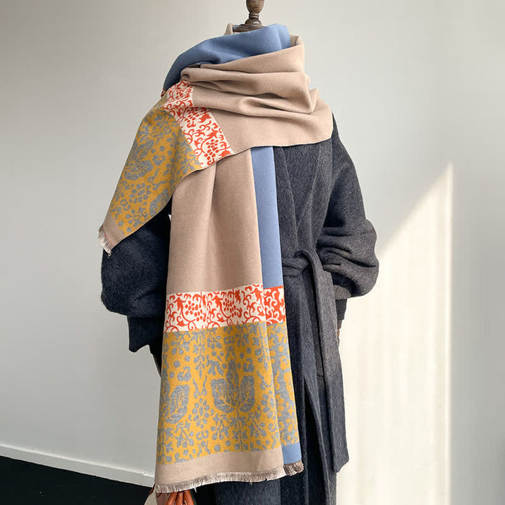 Écharpe chaude à motif patchwork de fleurs et de feuilles - Bleu - image 3