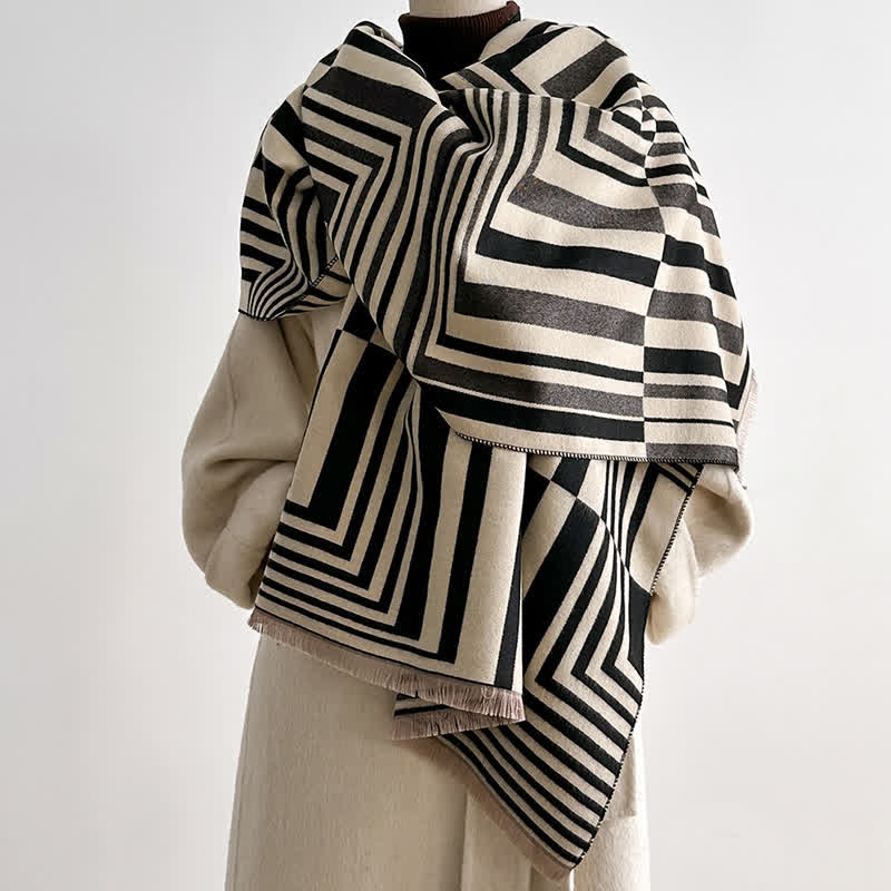 Écharpe à rayures géométriques éblouissantes, inspirée de l'art optique - Noir - image 0