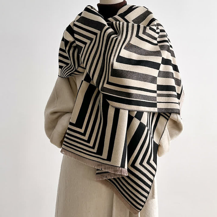 Écharpe à rayures géométriques éblouissantes, inspirée de l'art optique - Noir - image 0