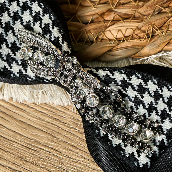 Cravate créative en forme de nœud à strass et motif pied-de-poule noir - image 2