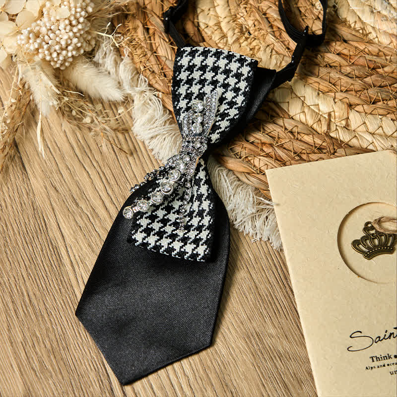 Cravate créative en forme de nœud à strass et motif pied-de-poule noir - image 5