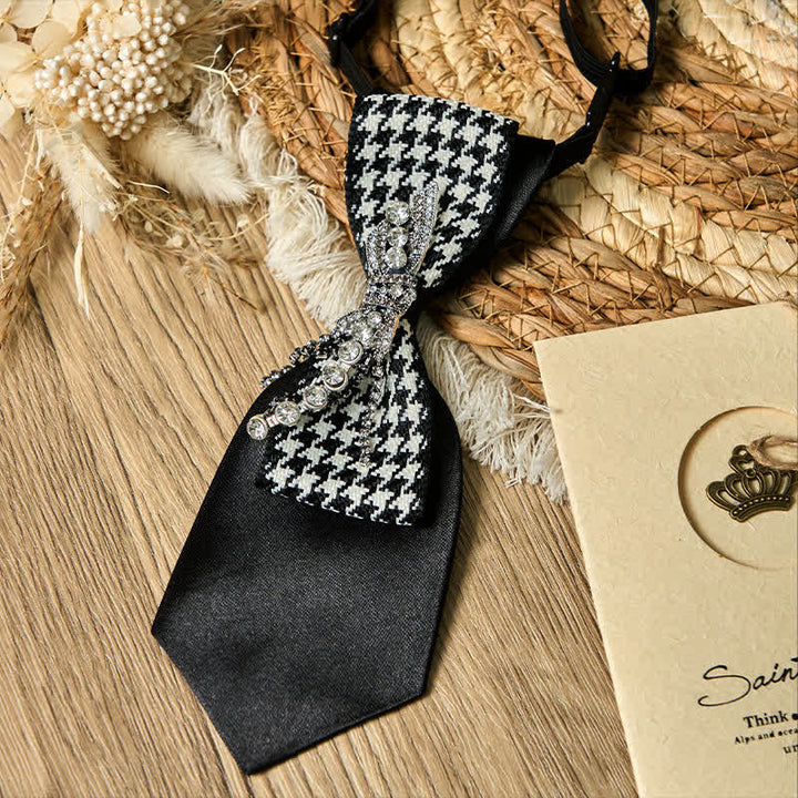 Cravate créative en forme de nœud à strass et motif pied-de-poule noir - image 5