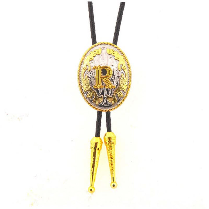 Cravate bolo en cuir bicolore or et argent avec initiale ovale - Or - R - image 18