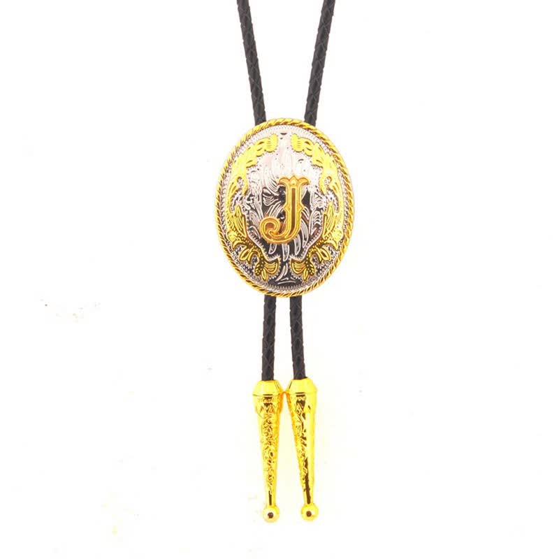 Cravate bolo en cuir bicolore or et argent avec initiale ovale - Or - J - image 11