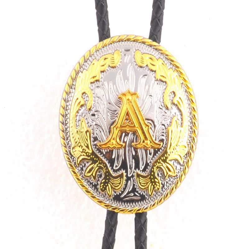 Cravate bolo en cuir bicolore or et argent avec initiale ovale - Or - A - image 3