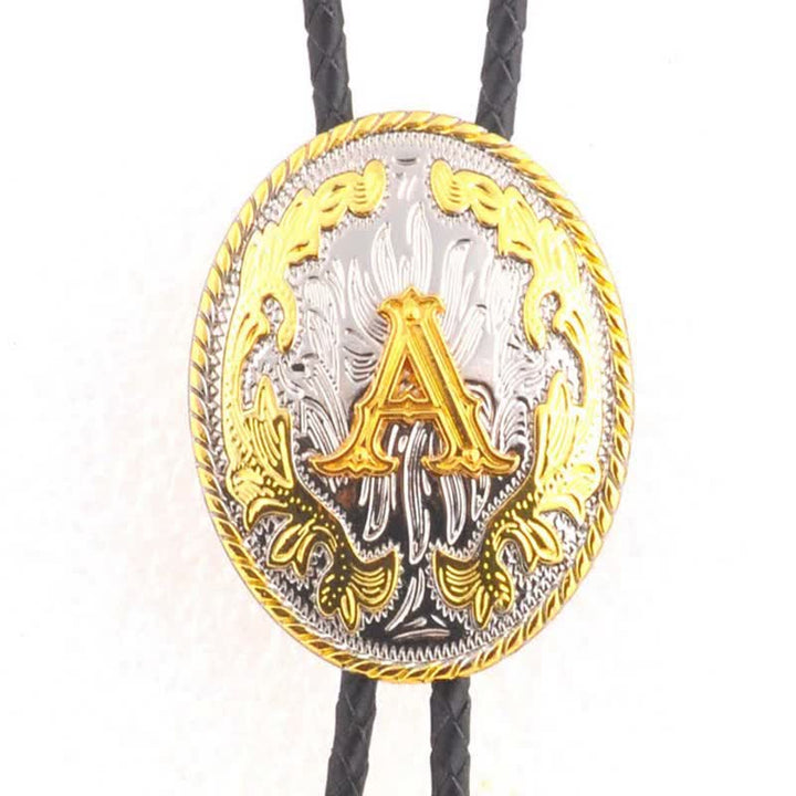 Cravate bolo en cuir bicolore or et argent avec initiale ovale - Or - A - image 3