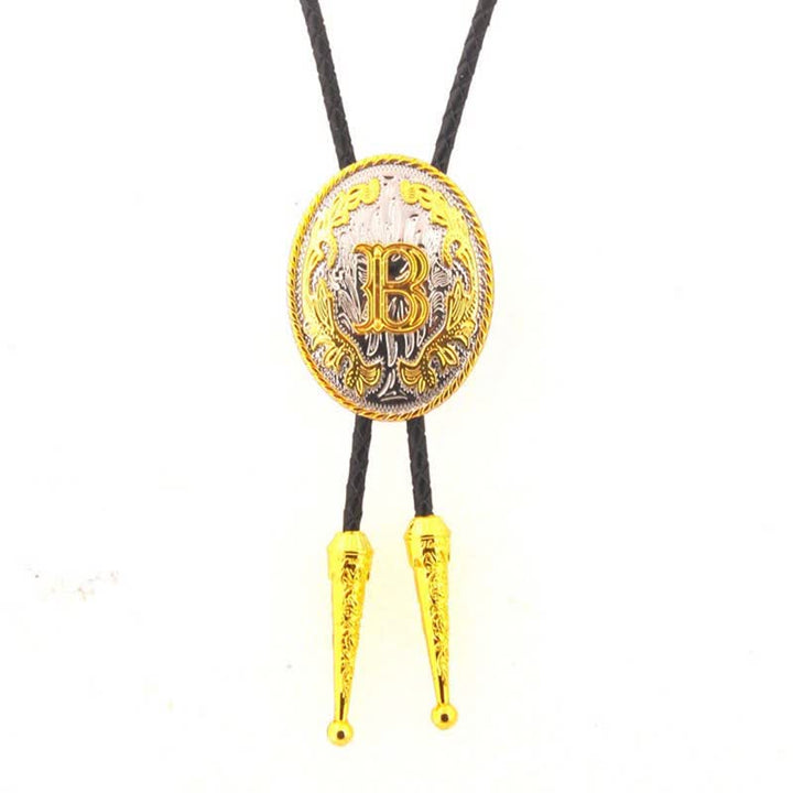 Cravate bolo en cuir bicolore or et argent avec initiale ovale - Or - B - image 0