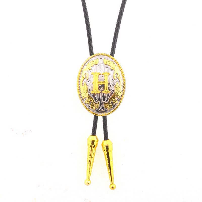 Cravate bolo en cuir bicolore or et argent avec initiale ovale - Or - H - image 9