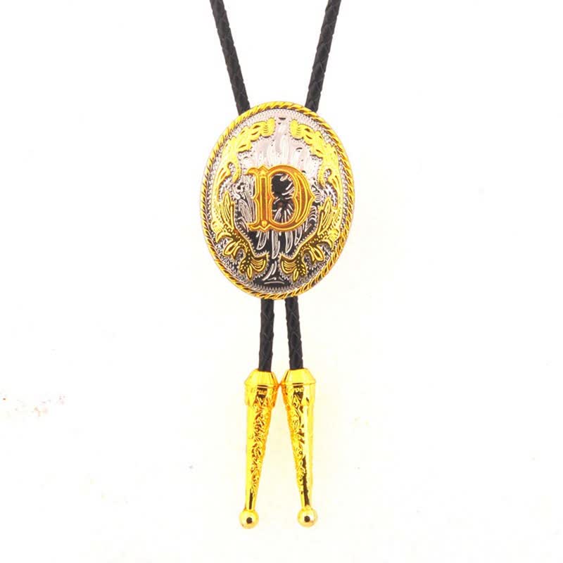 Cravate bolo en cuir bicolore or et argent avec initiale ovale - Or - D - image 5