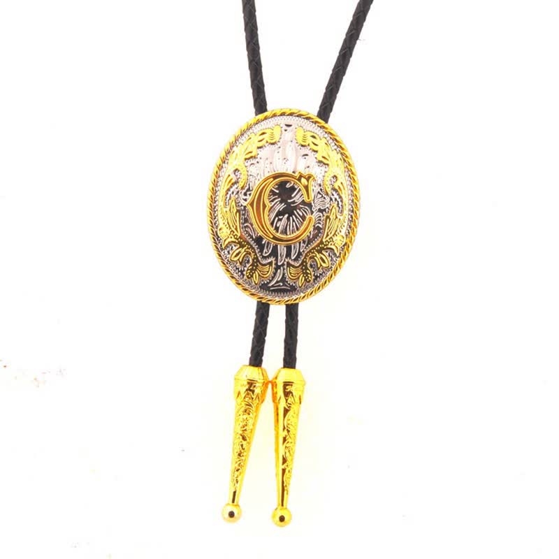 Cravate bolo en cuir bicolore or et argent avec initiale ovale - Or - C - image 4