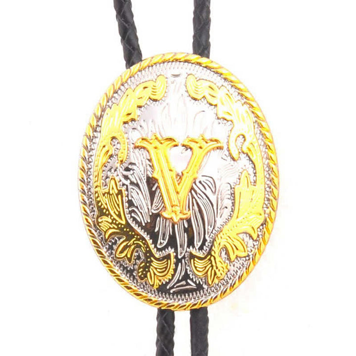 Cravate bolo en cuir bicolore or et argent avec initiale ovale - Or - V - image 22