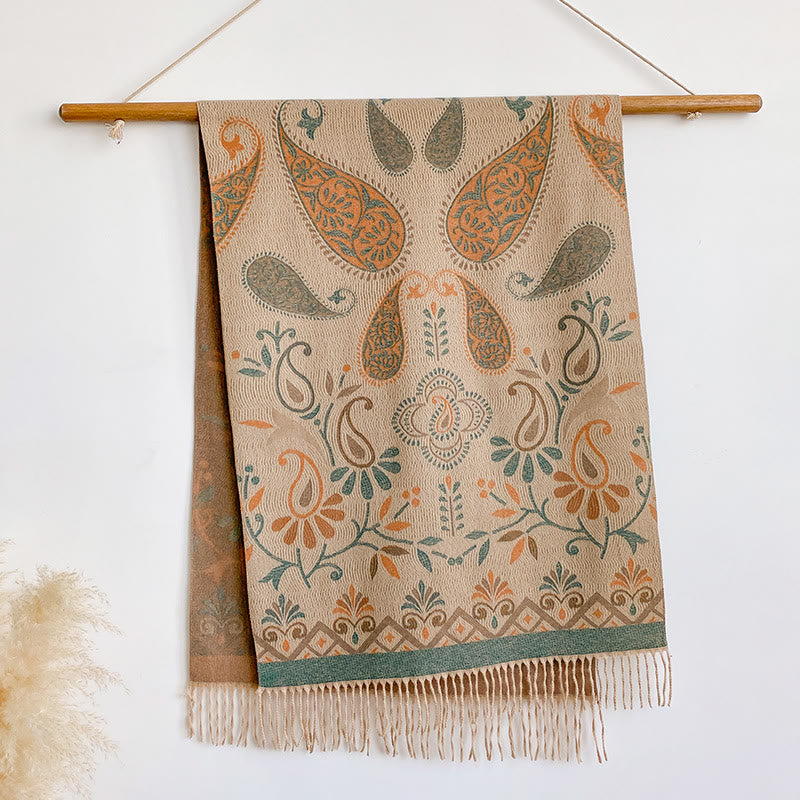 Châle-écharpe d'hiver chaud à pompons imprimés style bohème pour femme - Kaki - image 2