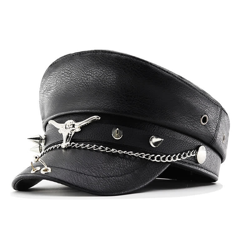 Béret en cuir noir Longhorn Rivets avec chaîne - Style n° 1 - M (22"-22 7/8") - image 0