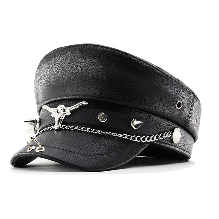 Béret en cuir noir Longhorn Rivets avec chaîne - Style n° 1 - M (22"-22 7/8") - image 0