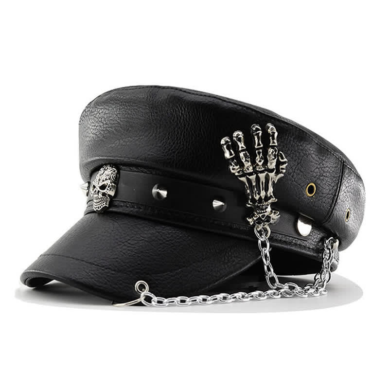 Béret en cuir style punk avec chaîne à tête de mort et squelette - Noir - M (22"-22 7/8") - image 0